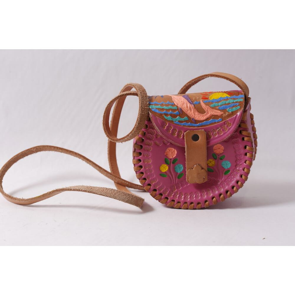 Los Cabos Pink Kids Tooled Leather Purse Mexican Shoulder Bag ~260427-WH M-15-02